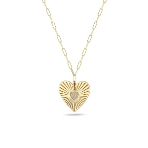 14k Large Pavé Diamond Radiant Heart Medallion on Small Paperclip Chain