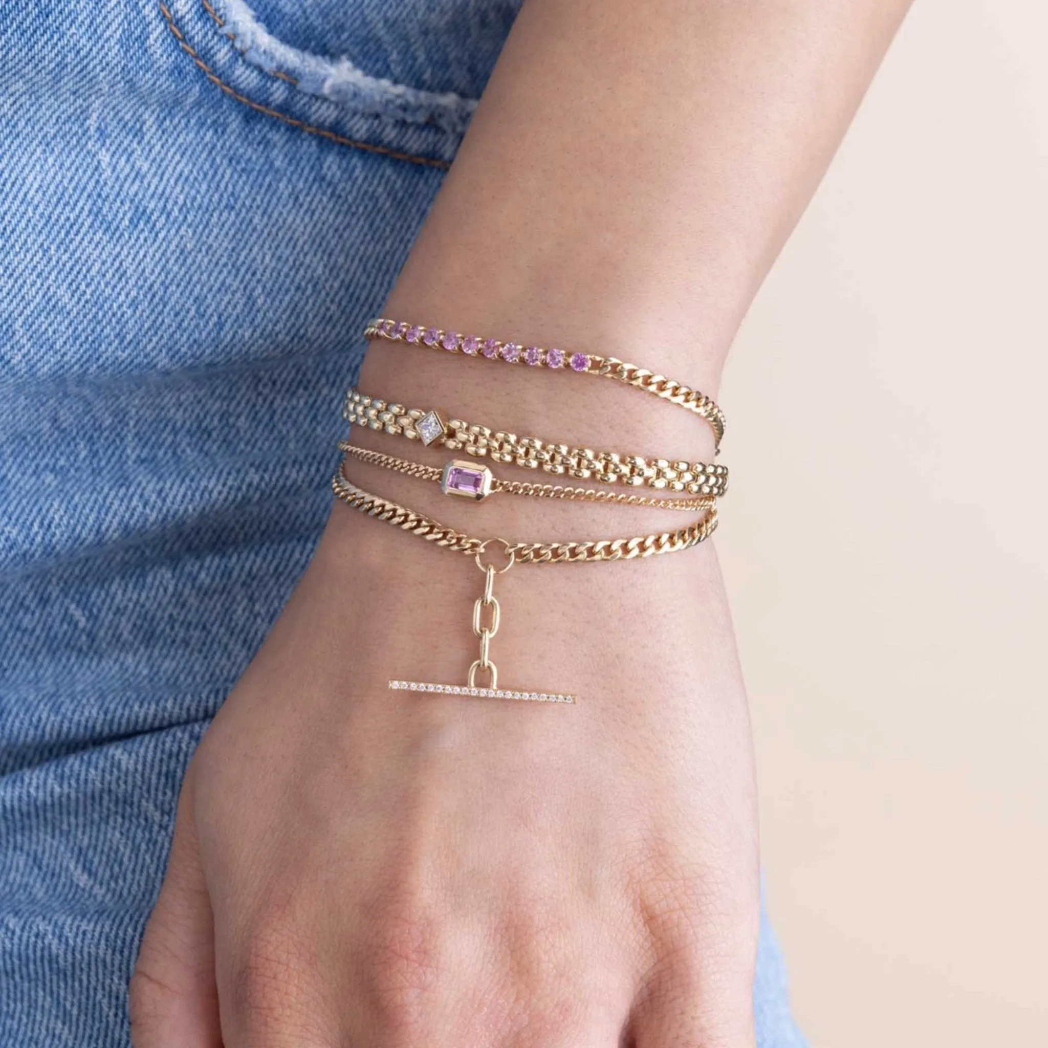14k Pink Sapphire Tennis Segment Small Curb Chain Bracelet
