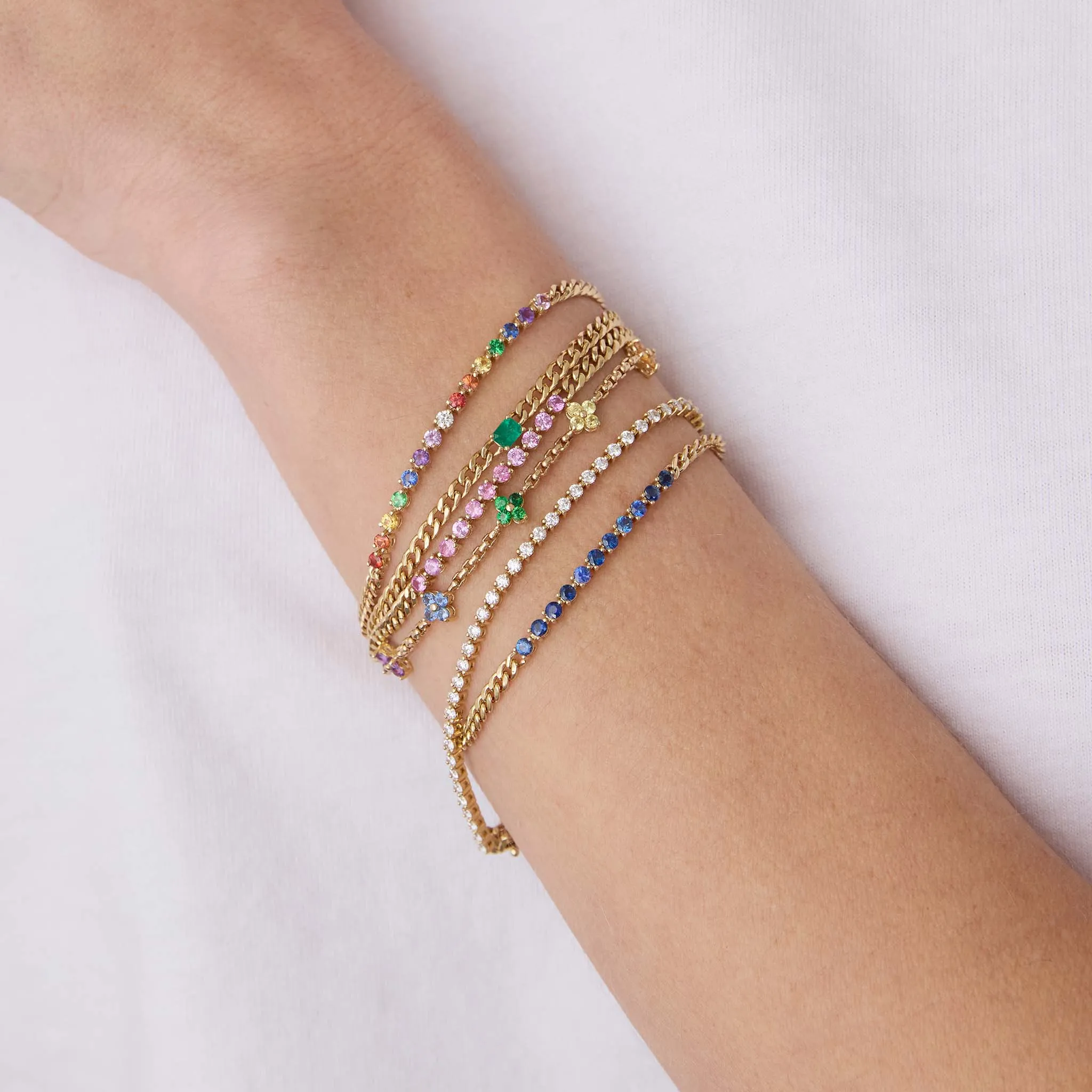 14k Pink Sapphire Tennis Segment Small Curb Chain Bracelet