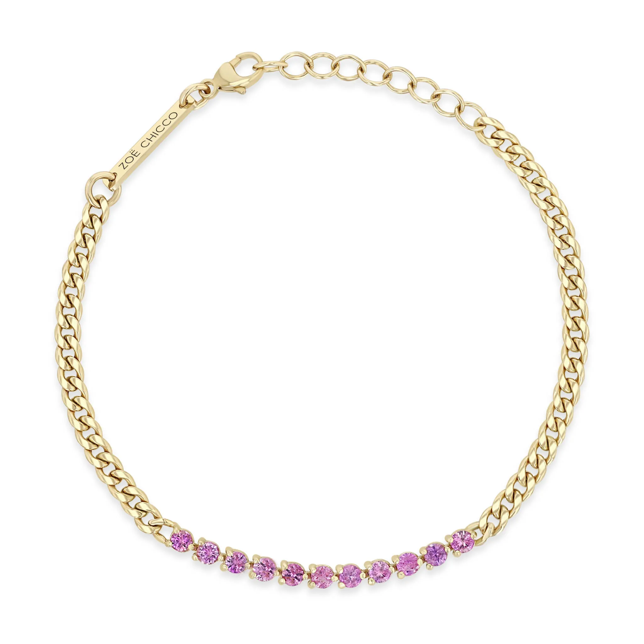 14k Pink Sapphire Tennis Segment Small Curb Chain Bracelet