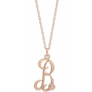 14K Rose .02 CT Diamond Script Initial B 16-18" Necklace