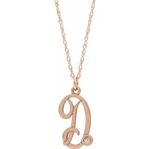 14K Rose .02 CT Diamond Script Initial D 16-18" Necklace