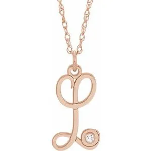 14K Rose .02 CT Diamond Script Initial L 16-18" Necklace