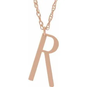 14K Rose Block Initial R 16-18" Necklace with Brush Finish