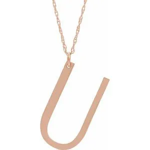 14K Rose Block Initial U 16-18" Necklace with Brush Finish