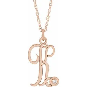 14K Rose Gold-Plated Sterling Silver .02 CT Diamond Script Initial K 16-18" Necklace