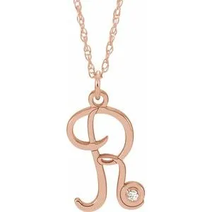 14K Rose Gold-Plated Sterling Silver .02 CT Diamond Script Initial R 16-18" Necklace