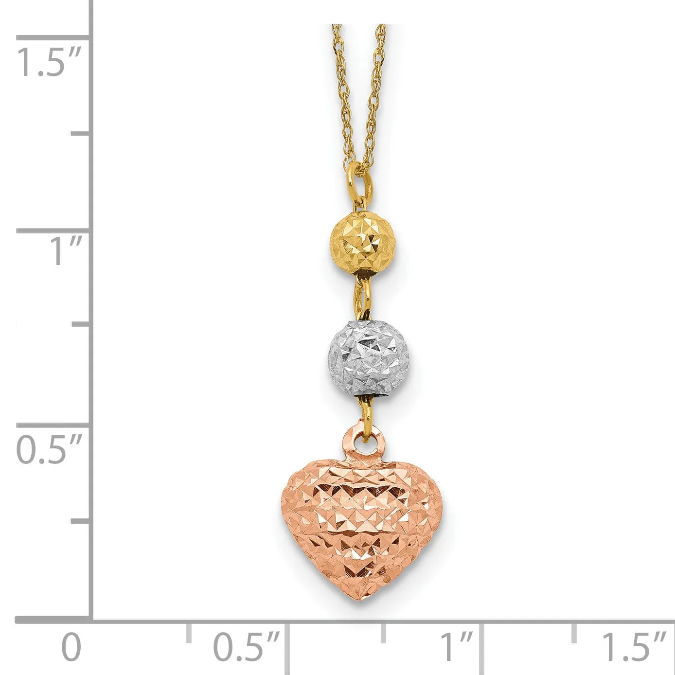 14K Tri Gold Polished Finish Solid Polished Diamond Cut Finish Beads & Heart Design with 2-inch Ext 16-inch Ropa Chain Necklace