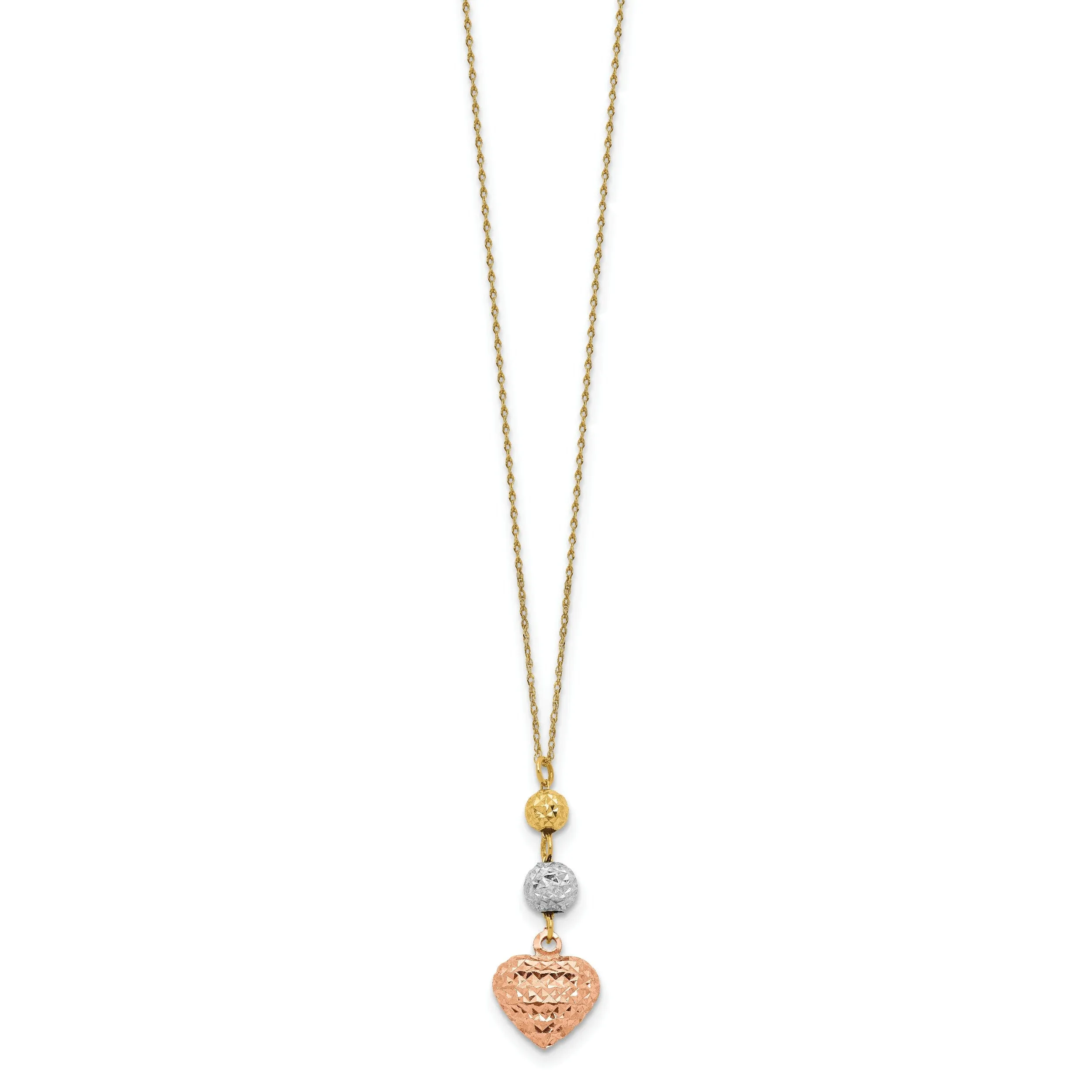 14K Tri Gold Polished Finish Solid Polished Diamond Cut Finish Beads & Heart Design with 2-inch Ext 16-inch Ropa Chain Necklace
