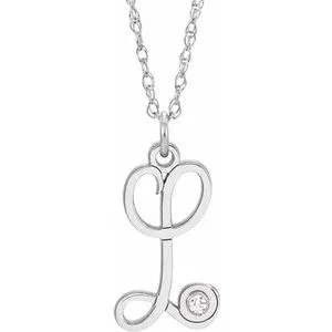 14K White .02 CT Diamond Script Initial L 16-18" Necklace