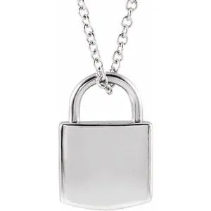 14K White 12.02x8 mm Engravable Lock 16-18" Necklace