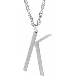 14K White Block Initial K 16-18" Necklace with Brush Finish