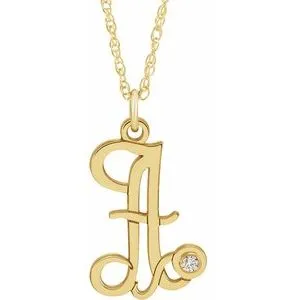14K Yellow .02 CT Diamond Script Initial A 16-18" Necklace
