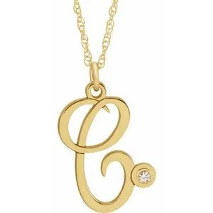 14K Yellow .02 CT Diamond Script Initial C 16-18" Necklace