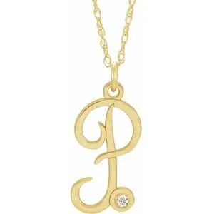 14K Yellow .02 CT Diamond Script Initial P 16-18" Necklace