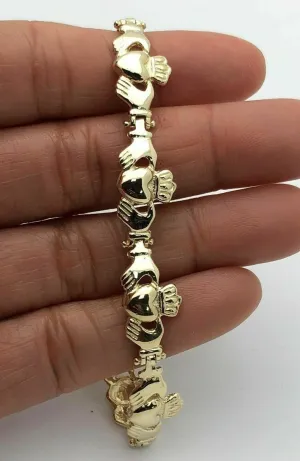 14k Yellow Gold Solid Love Friendship Irish Claddagh Bracelet 7.25" 10.4mm 14.2g