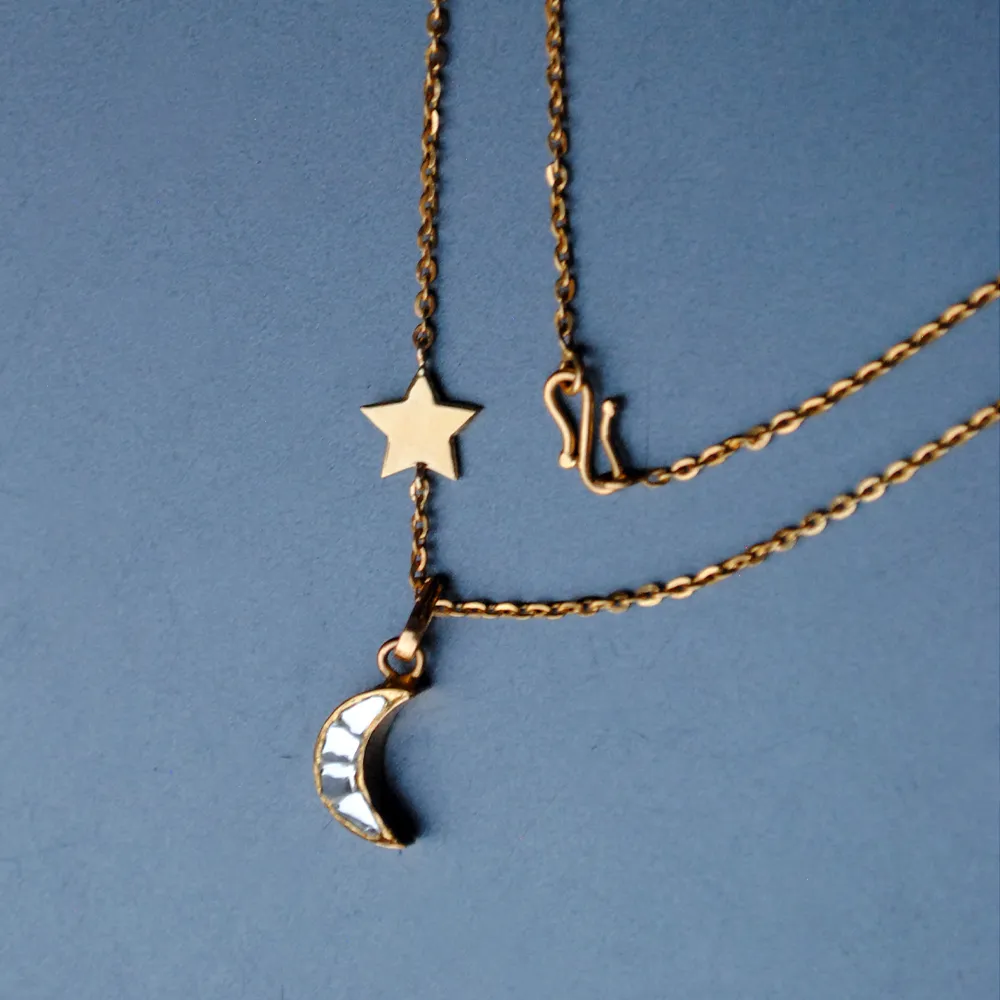 18K Gold Crescent Moon & Star Necklace With Imitation Kundan