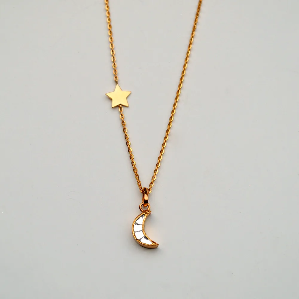 18K Gold Crescent Moon & Star Necklace With Imitation Kundan