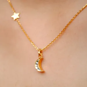 18K Gold Crescent Moon & Star Necklace With Imitation Kundan