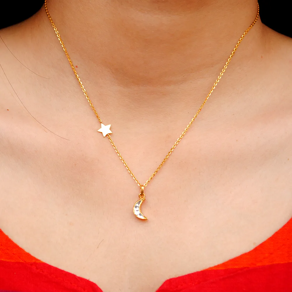 18K Gold Crescent Moon & Star Necklace With Imitation Kundan
