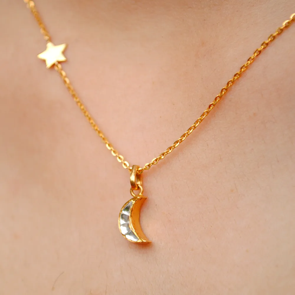 18K Gold Crescent Moon & Star Necklace With Imitation Kundan
