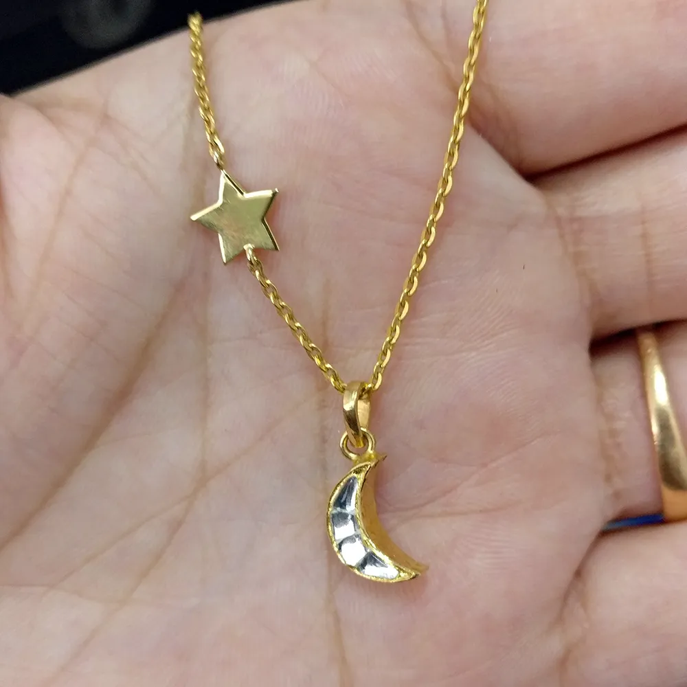 18K Gold Crescent Moon & Star Necklace With Imitation Kundan