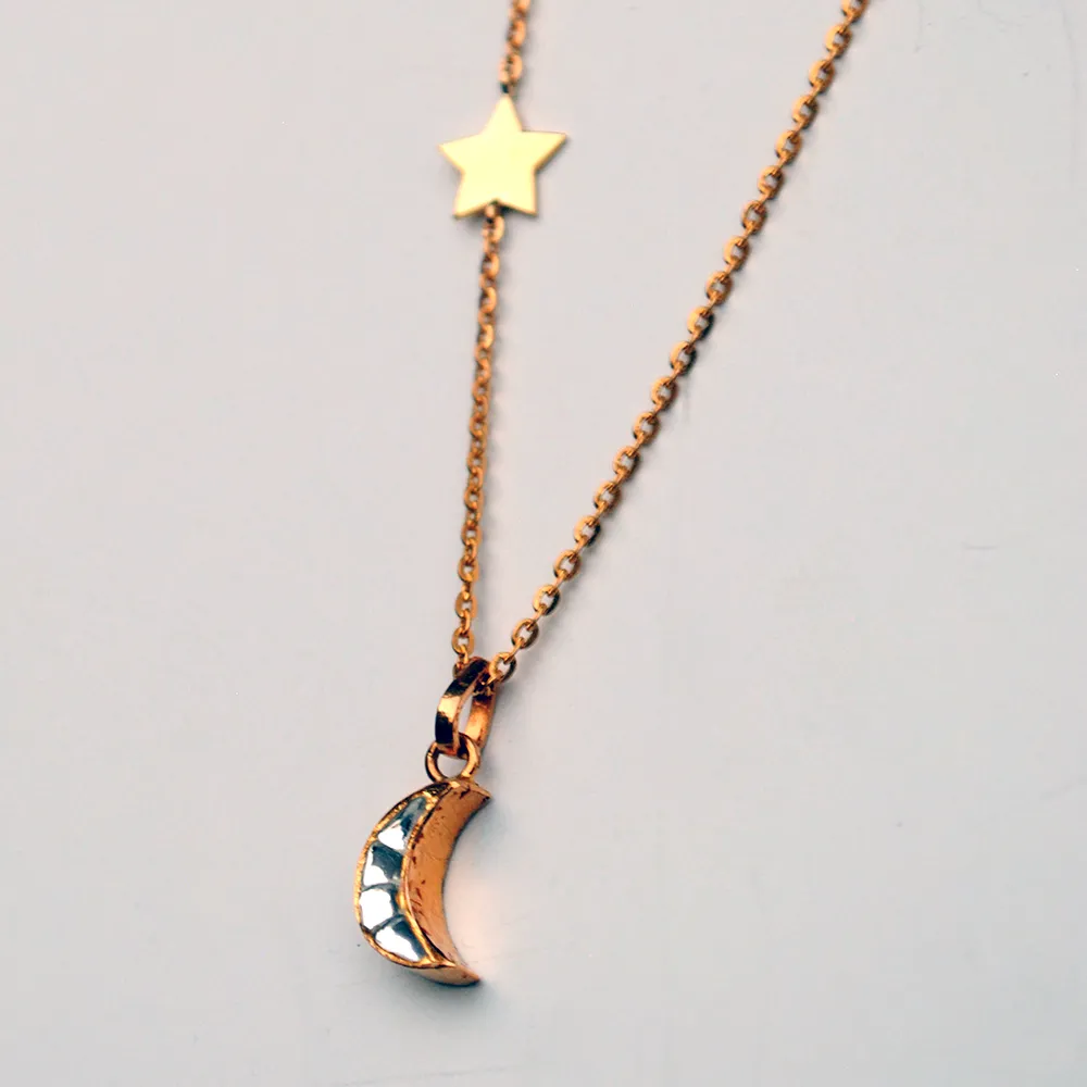 18K Gold Crescent Moon & Star Necklace With Imitation Kundan
