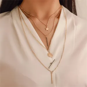 18K Gold-Plated Disc Bar Layered Pendant Necklace
