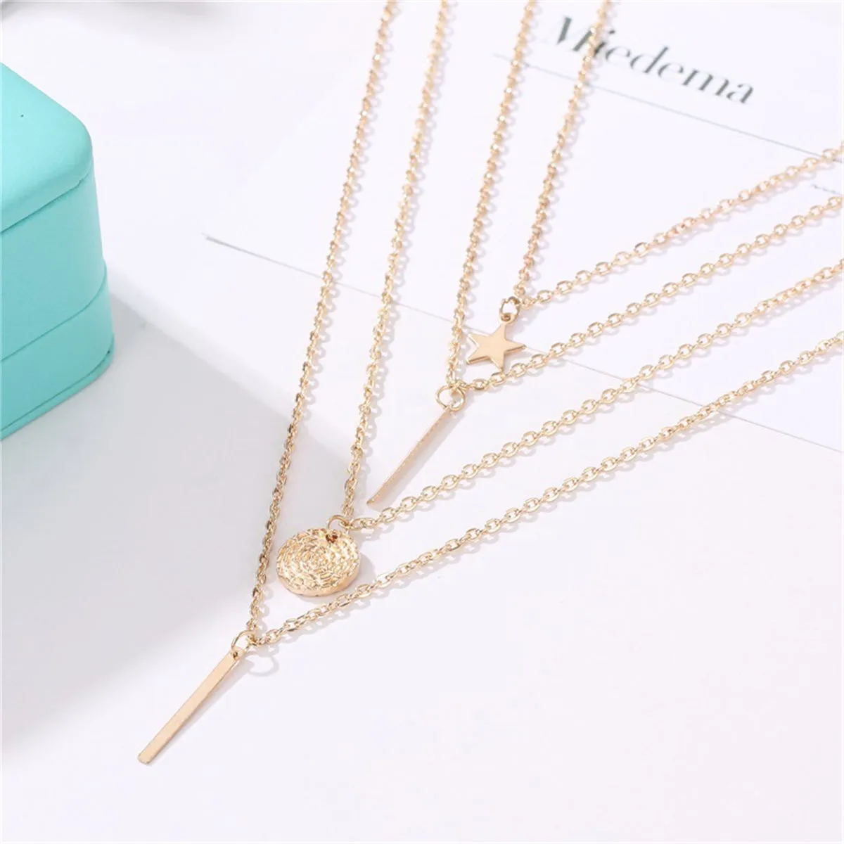 18K Gold-Plated Disc Bar Layered Pendant Necklace