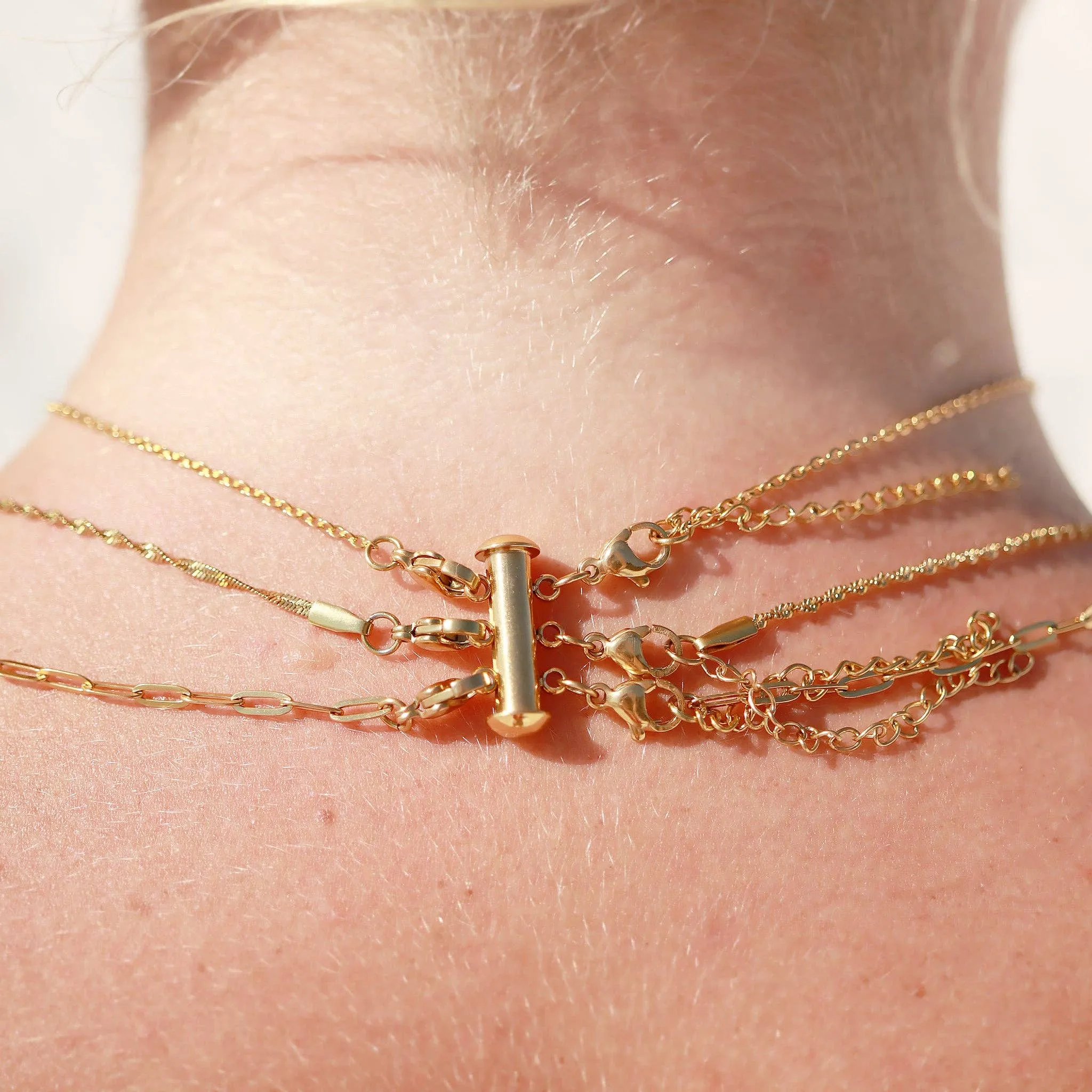18K Gold PVD Stainless Steel 3 Row Layering Necklace Magnetic Clasp