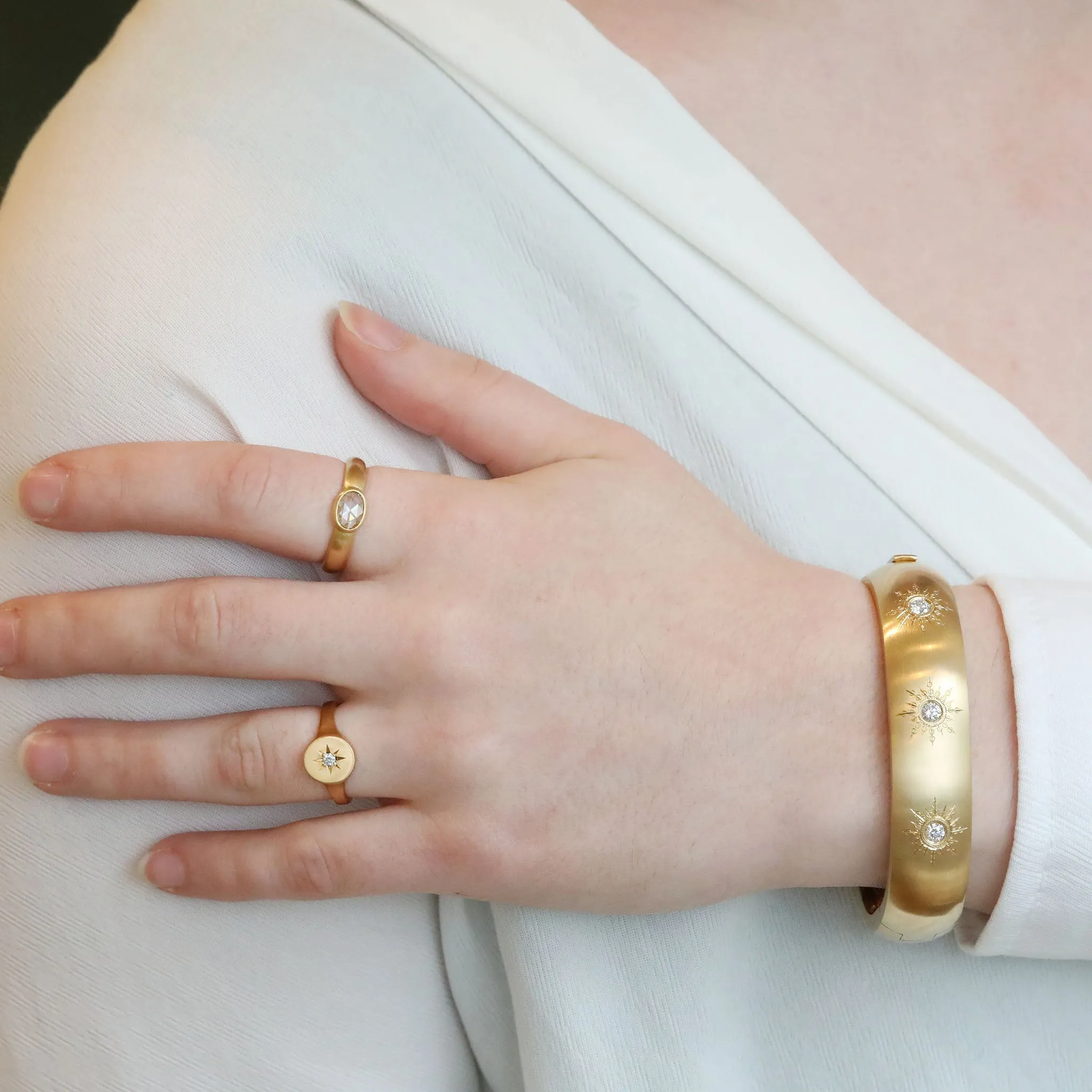 18K Gold "Bombe" Hinge Bracelet with Six "Sunburst" Diamonds