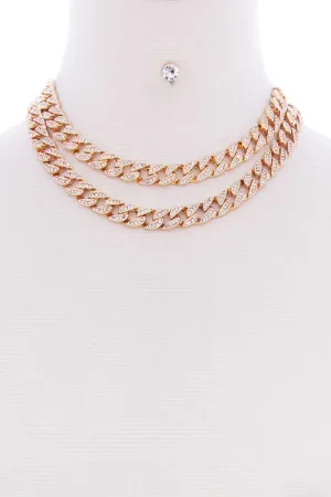 2 Layered Link Metal Chain Stud Stone Short Necklace Earring Set