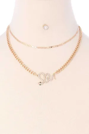 2 Layered Metal Chain Rhinestone Snake Pendant Necklace Earring Set
