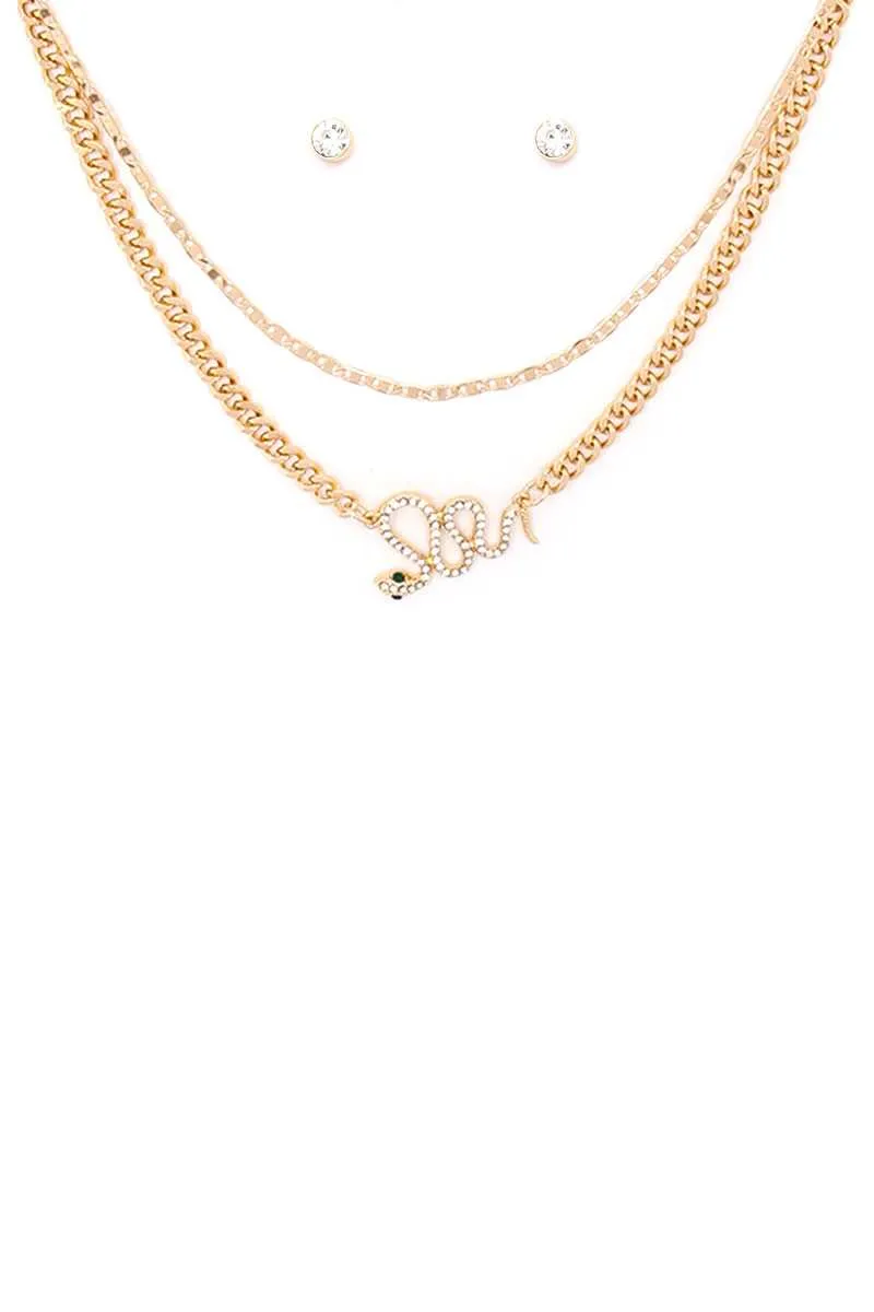 2 Layered Metal Chain Rhinestone Snake Pendant Necklace Earring Set