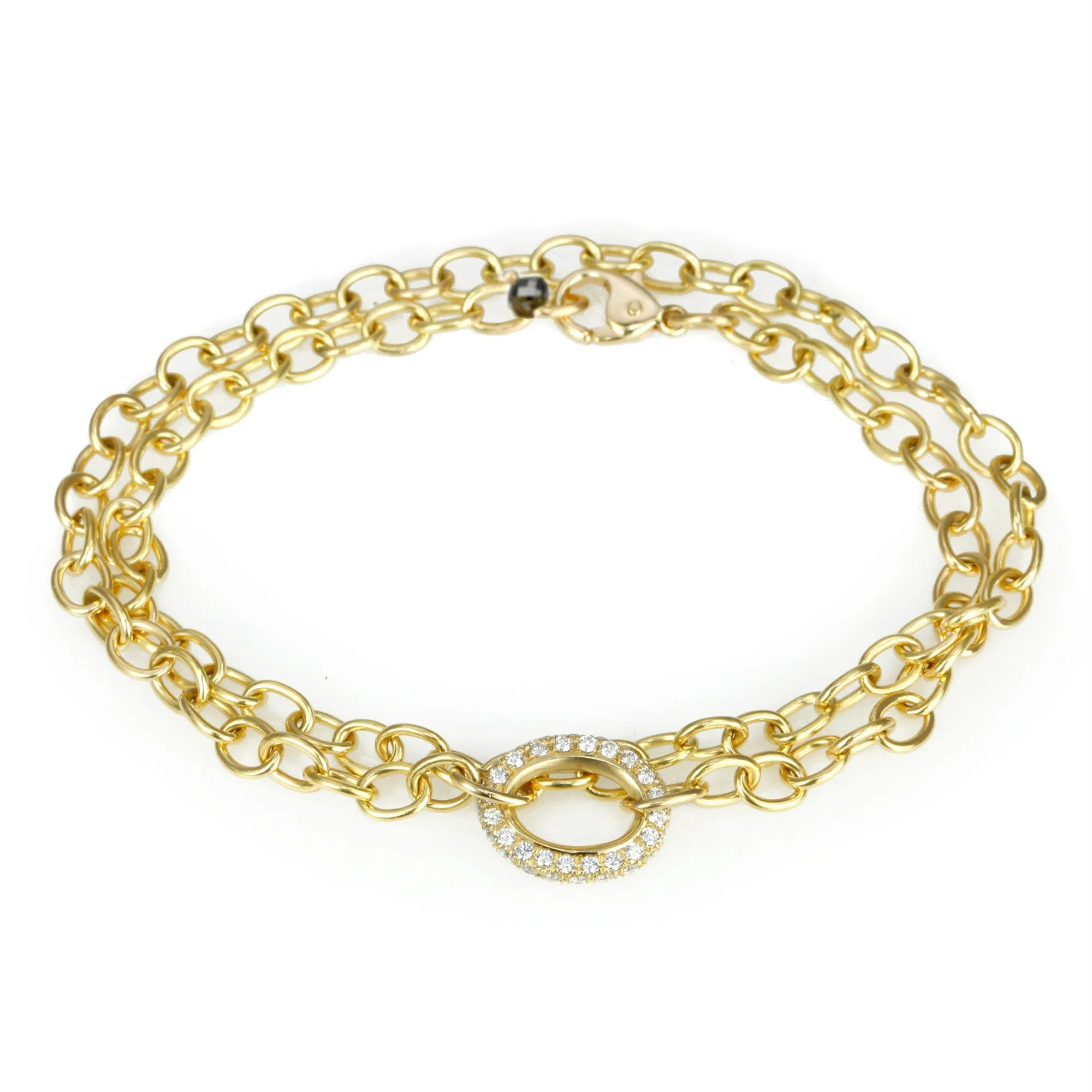 20K Gold Handmade Double Wrap Bracelet with One Pave Diamond Centerpiece