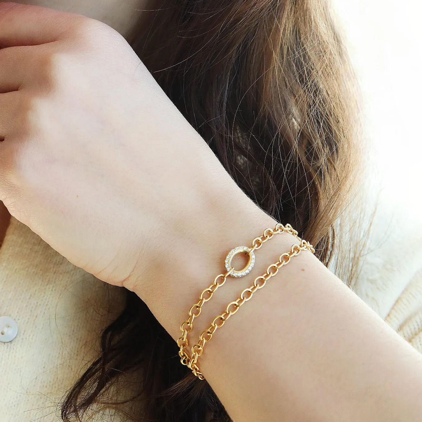 20K Gold Handmade Double Wrap Bracelet with One Pave Diamond Centerpiece