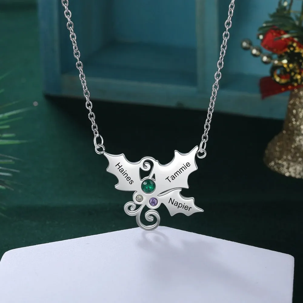 3 Names And 3 Stones Personalized Mistletoe Christmas Pendant