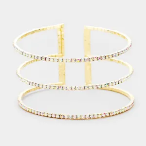 3 Row Split Layer Round AB Crystal Cuff Bracelet on Gold | 397424