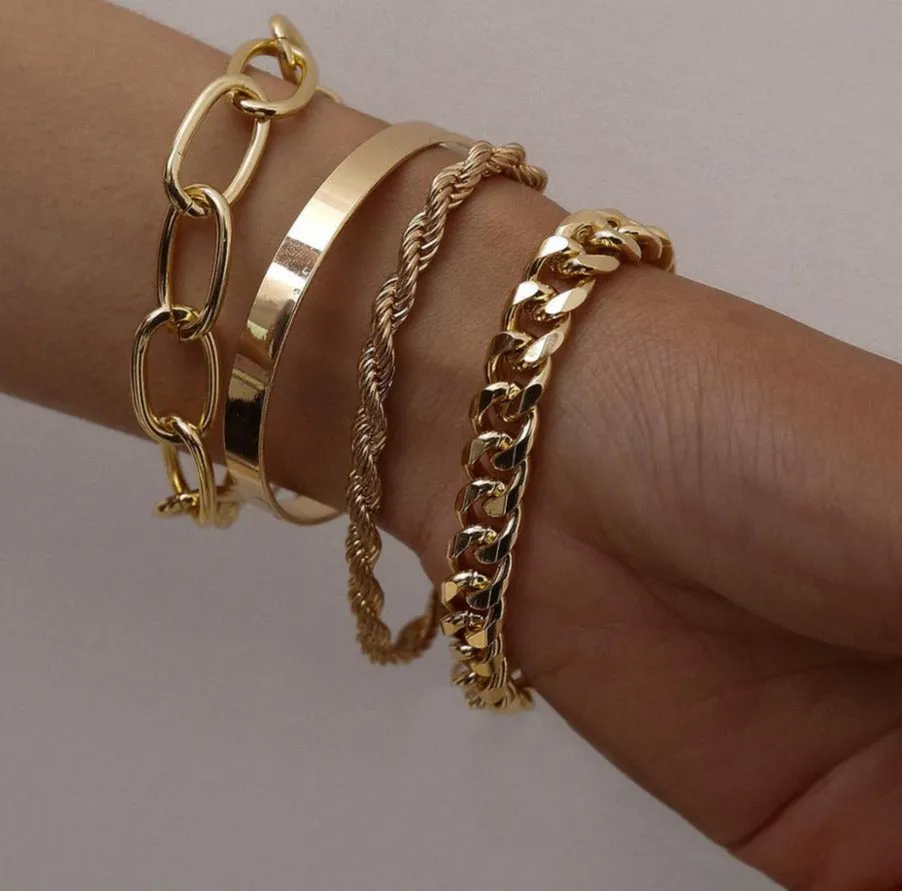 4Pcs/Set  Chunky Thick  Bracelets Bangles Punk Metal Rope Chain Bracelet