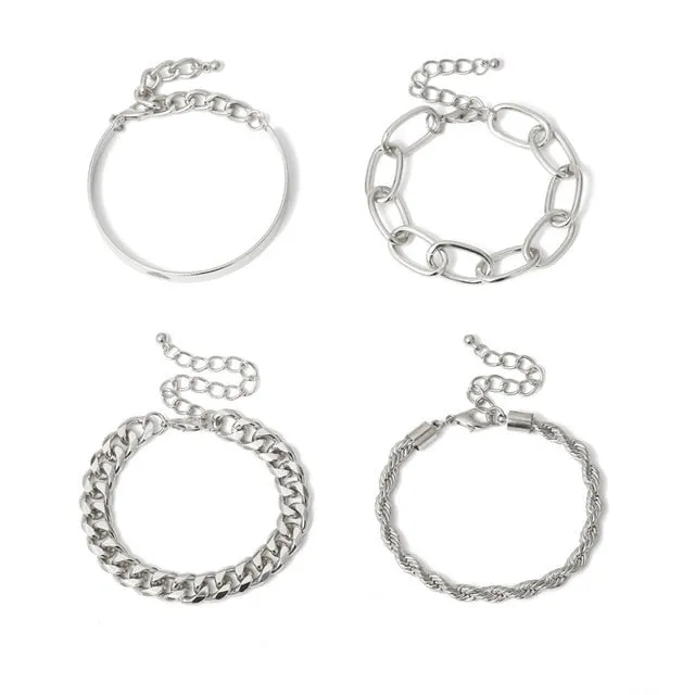 4Pcs/Set  Chunky Thick  Bracelets Bangles Punk Metal Rope Chain Bracelet