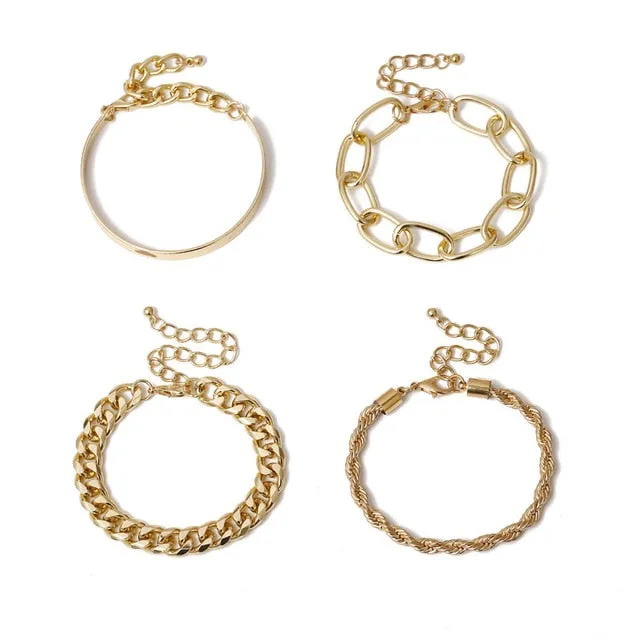 4Pcs/Set  Chunky Thick  Bracelets Bangles Punk Metal Rope Chain Bracelet
