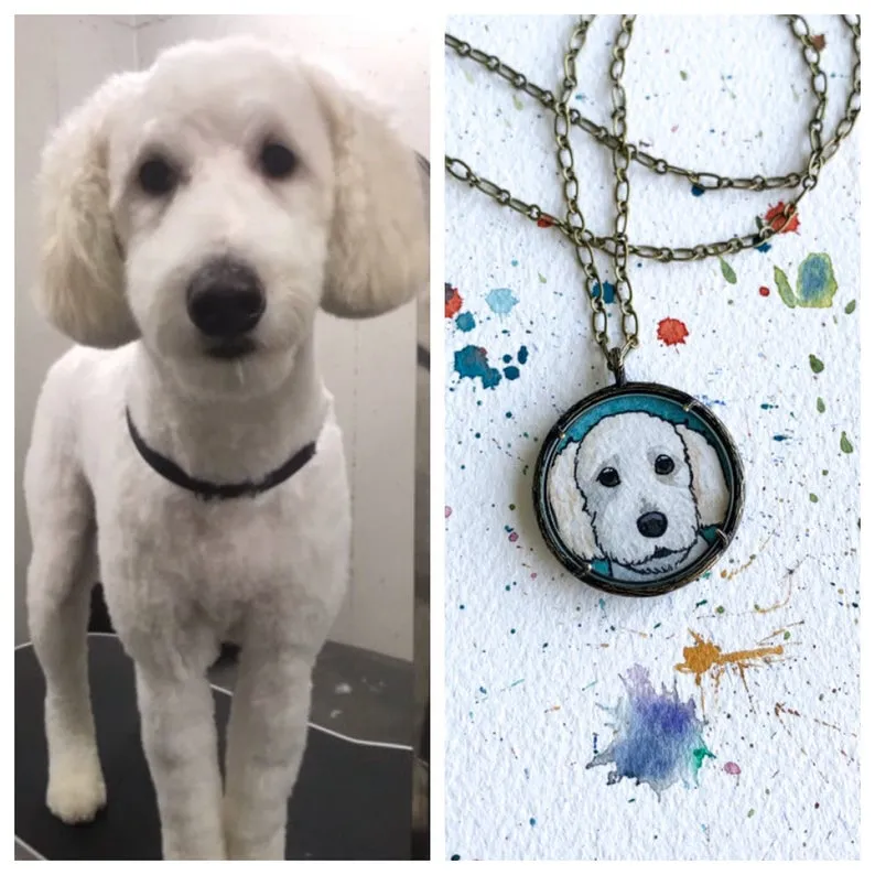 A Custom Pet Portrait Hand Painted Necklace, Original Watercolor Pet Portrait Painting by Heather Kent