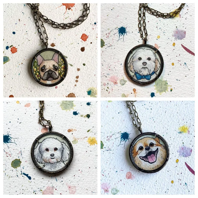 A Custom Pet Portrait Hand Painted Necklace, Original Watercolor Pet Portrait Painting by Heather Kent