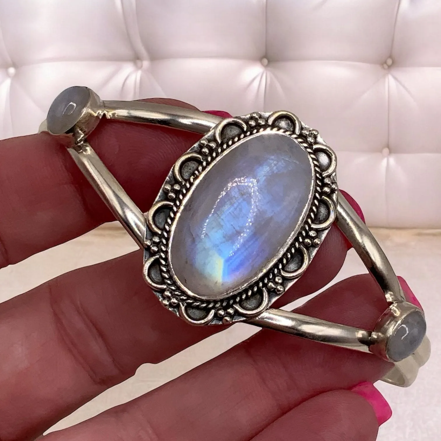 AAA  Rainbow Moonstone Solid 925 Sterling Silver Cuff Bracelet