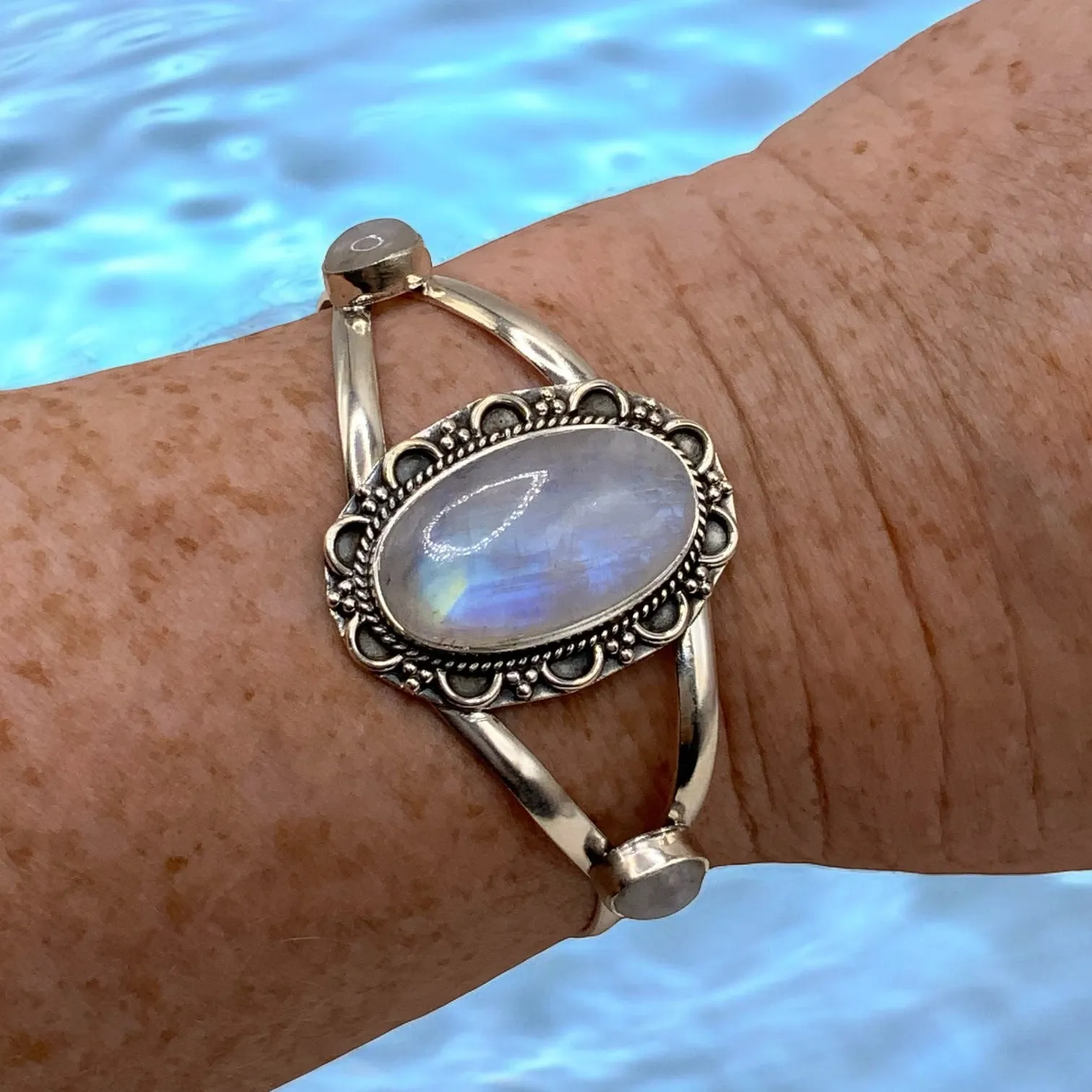 AAA  Rainbow Moonstone Solid 925 Sterling Silver Cuff Bracelet