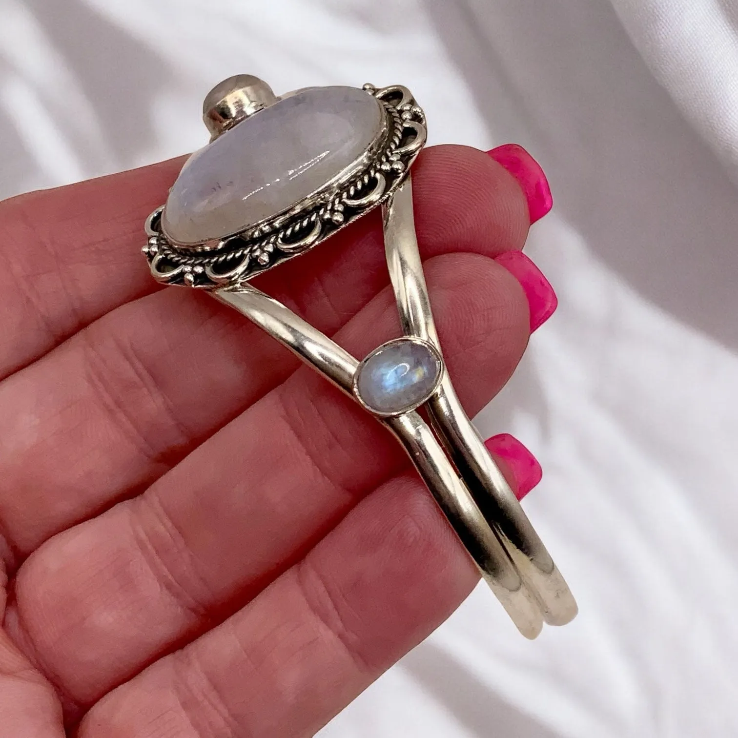 AAA  Rainbow Moonstone Solid 925 Sterling Silver Cuff Bracelet