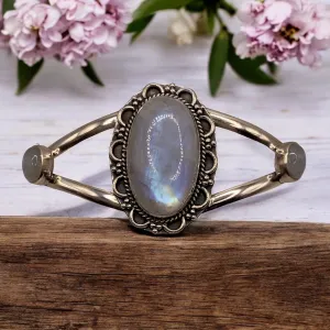 AAA  Rainbow Moonstone Solid 925 Sterling Silver Cuff Bracelet