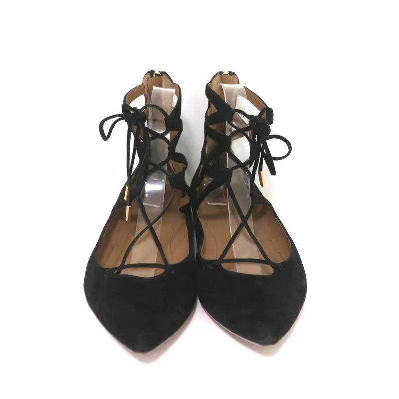 Aquazzura Belgravia Lace-Up Flats Black Cutout Suede Size 39 Pointed Toe