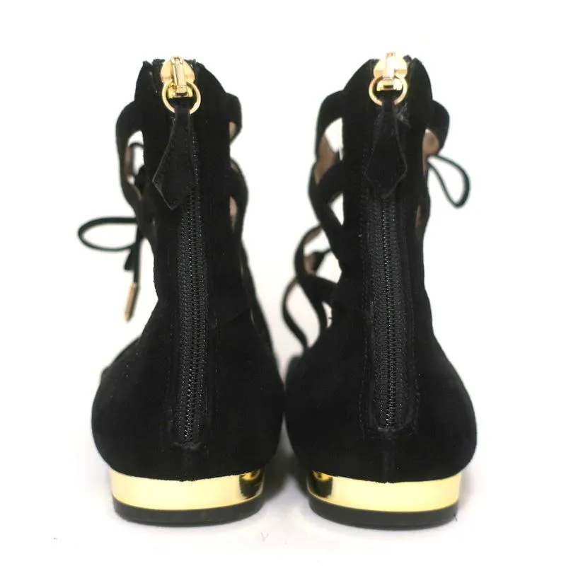 Aquazzura Belgravia Lace-Up Flats Black Cutout Suede Size 39 Pointed Toe