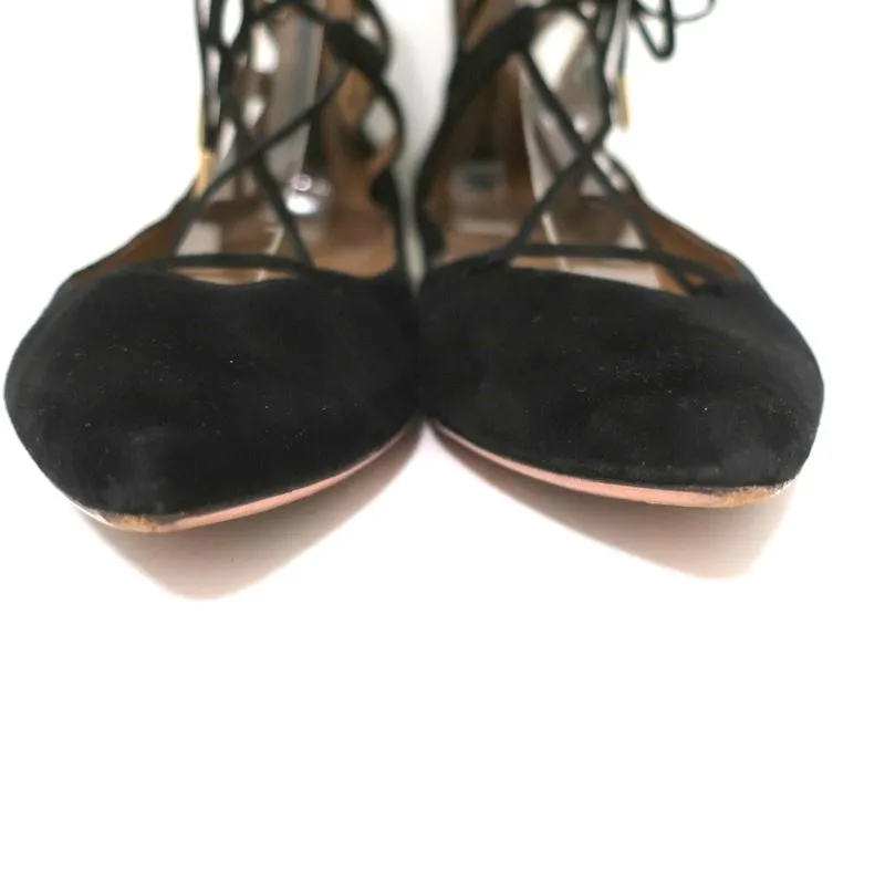 Aquazzura Belgravia Lace-Up Flats Black Cutout Suede Size 39 Pointed Toe